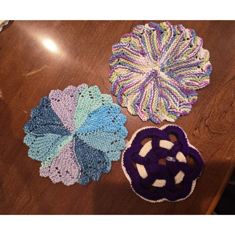 Handmade Knit/Crochet Potholder Trivets Lot of 3 Round Multicolor Purple/White